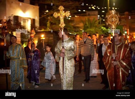 Night Time Easter Good Friday Procession Epitaphio Through Streets Congregation Of Greek