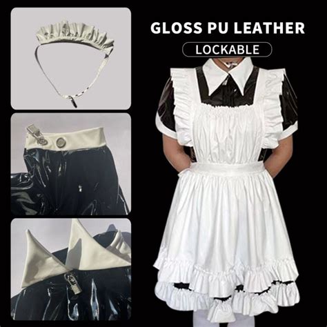 Lingerie Bondage Gloss Pu Lockable Maid Fetish Pvc Dress Outfit With Lock Leather Restraint Sexy