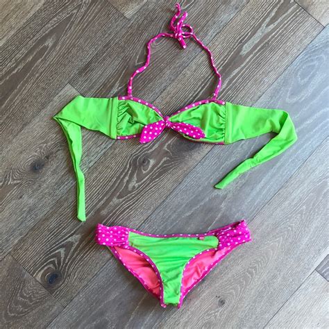 Green And Pink Scrunch Butt Bikini With Bow Gem
