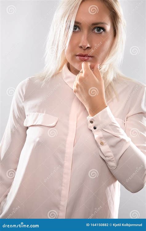 Beautiful Female Blonde Model In Shirt Holding Her Hair Stock Photo Image Of Natural Female