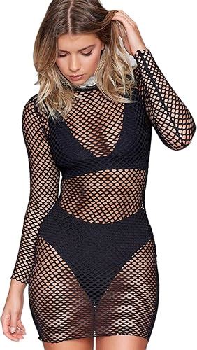 Amazon Just Quella Women S Mesh Lingerie For Women Fishnet Babydoll Mini Dress Long Sleeve