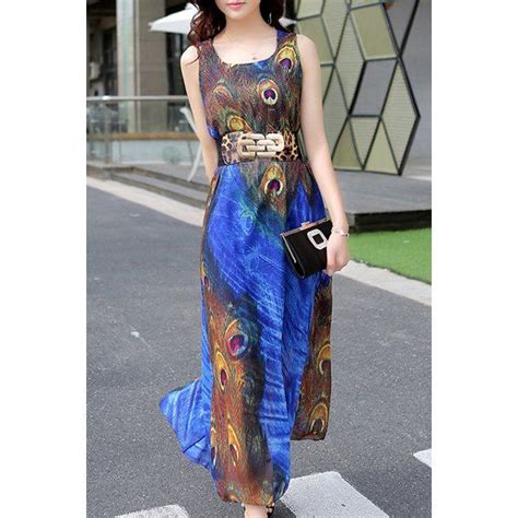 Trendy Scoop Neck Sleeveless Peacock Feathers Pattern Womens Midi