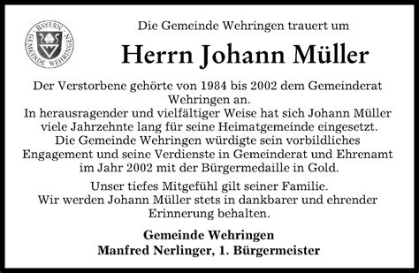 Traueranzeigen von Johann Müller Augsburger Allgemeine Zeitung