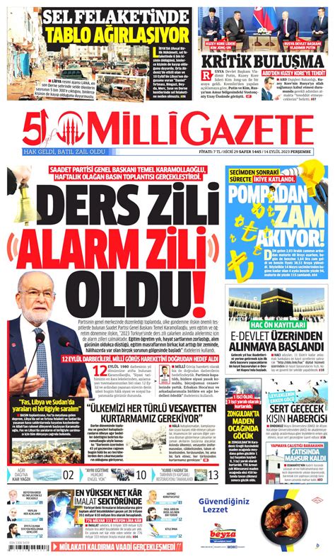 Milli Gazetesi Milli Manşet Oku Haberler 14 Eylül 2023