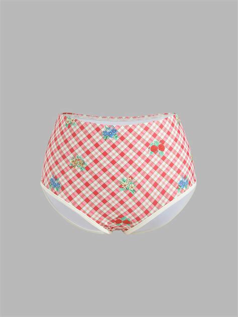 Check Floral Binding Trim Cheeky Bikini Bottom Cider