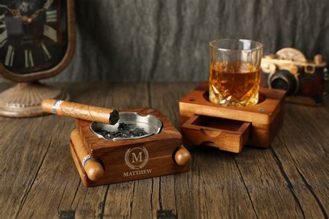 Wood Cigar Ashtray Coaster With Whiskey Glass Tray Set Jjleatherhouse