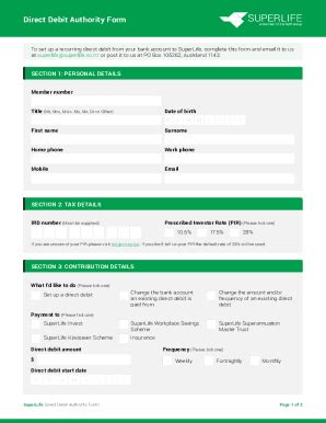 Fillable Online SuperLife Direct Debit Authority Form Fax Email Print