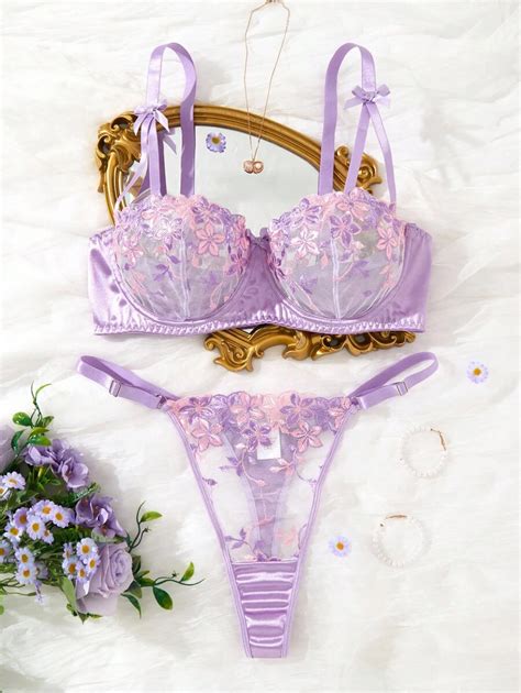 Shein Pcs Women S Purple Romantic Valentine S Day Lingerie Set Sexy Sheer Bra And Panty Set