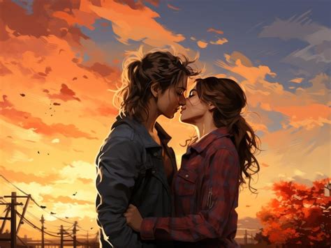 Premium Ai Image Authentic Love Embracing Brunette Lesbian Couple Created With Generative Ai