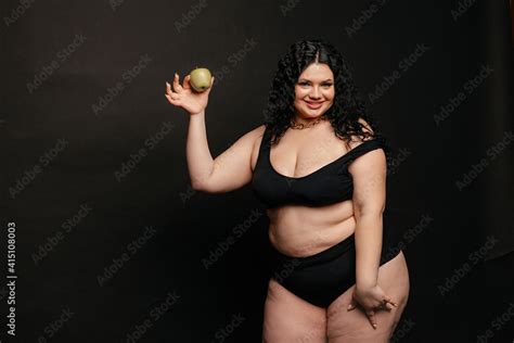 Plus Size Model In Lingerie Fat Sexy Woman In Underwear On Black Studio Background Body