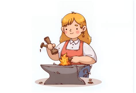 Cheerful Blonde Chibi Character In Coral Apron Working At Glowing Anvil Korean Cartoon Style