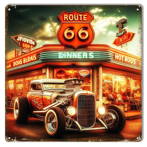 Hot Rod Diner Route X Metal Sign Reproduction Vintage Signs
