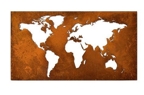 Large Metal World Map Made Of Unique Corten Steel In Industrial Style The Contintents And