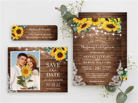 Rustic Sunflower String Lights Wedding Invitation Suite Mimoprints