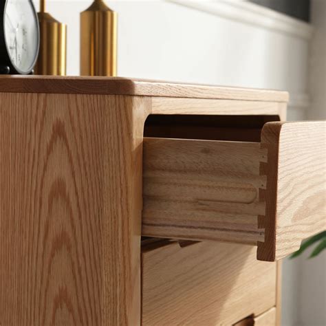Narrow Oak Wood Scandinavian Lingerie Chest With 5 Drawers In Standard Height Natural Dressers