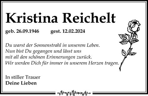 Traueranzeigen Von Kristina Reichelt Trauer Anzeigen De