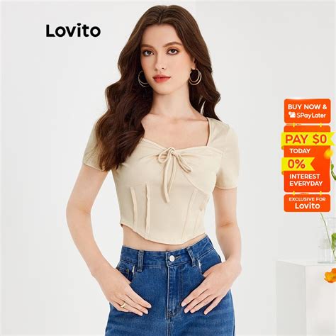 Lovito Casual Plain Lace Up Round Neck Short Sleeves T Shirt For Women