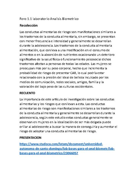 Foro 1 lab anal biometrico Foro 1 laboratorio Analisis Biometrico Recolección Las conductas