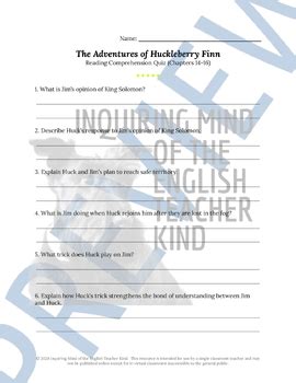 The Adventures Of Huckleberry Finn Quiz And Answer Key Chapters 14