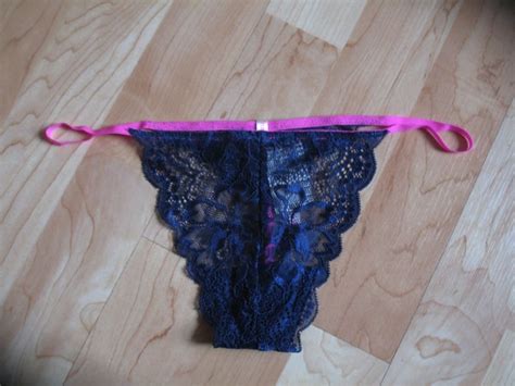 Victoria S Secret Pink Navy Sheer Lace V String W Hot Pink Trim Medium
