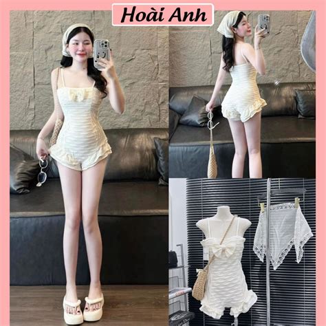 Set Bikini Liền Thân Đũi Nổi Sóng Màu Kem Có Cúp Ngực Kèm Khăn Tuban Ren Sexy Freesize Shopee