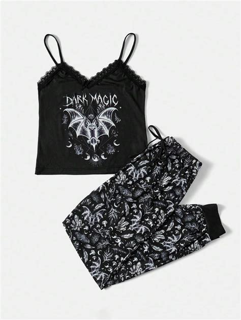 Romwe Goth Bat Print Contrast Lace Pj Set Shein Usa