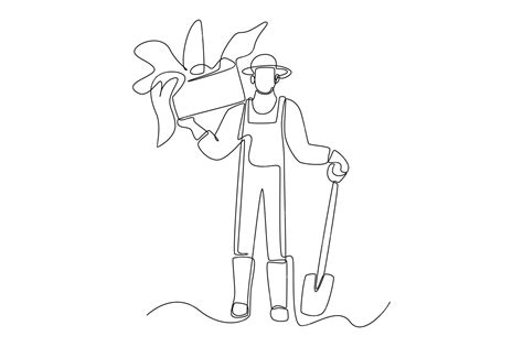 Premium Vector Continuous One Line Drawing Male Farmer With Hoe