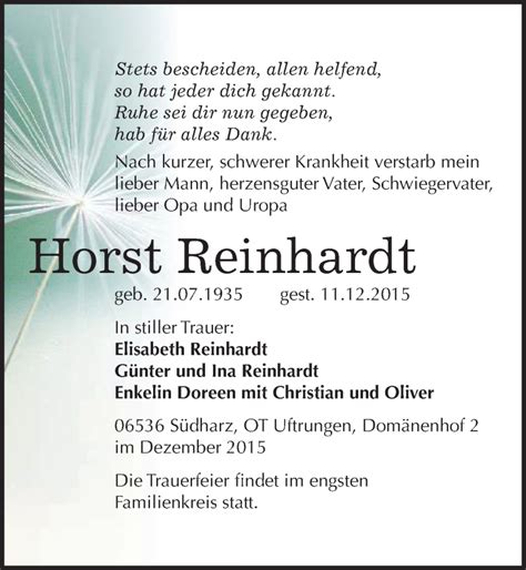 Traueranzeigen Von Horst Reinhardt Abschied Nehmen De