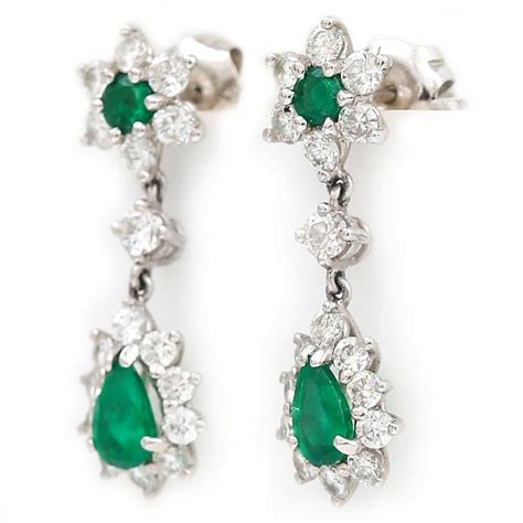 Vintage 18ct White Gold Emerald and Diamond Drop Earrings, Circa 1976 at 1stDibs