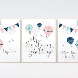 Blush Mint Navy Nursery Wall Art Hot Air Balloon Nursery Set Of Nursery Decor Nursery