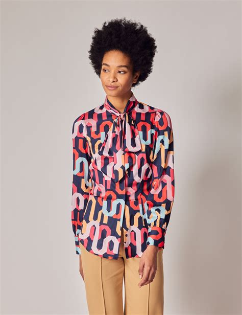 Women S Navy Pink Geometric Print Pussy Bow Blouse