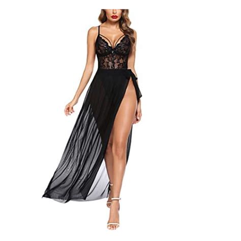 Women Lingerie Lace Babydoll High Split Maxi Long Gown V Neck Mesh Sleepwear Sexy Babydoll Free