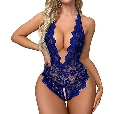 COORDONNES ENSEMBLE LINGERIE Sexy Femme Body et Combinaison Dos Nu en Dentelle Décolleté en V