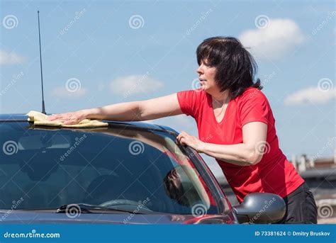 Brunette Woman Washes Her Car Stock Photo Image Of Holding Grime