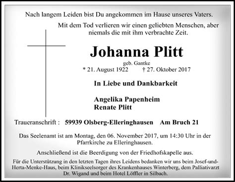 Traueranzeigen Von Johanna Plitt Trauer In NRW De