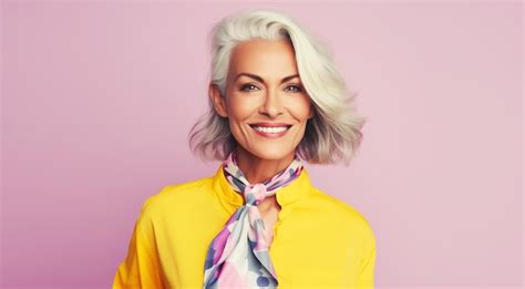 Premium Photo Fashion Portrait Of Stylish Happy Smiling Mature Woman With Gray Hair In Bright