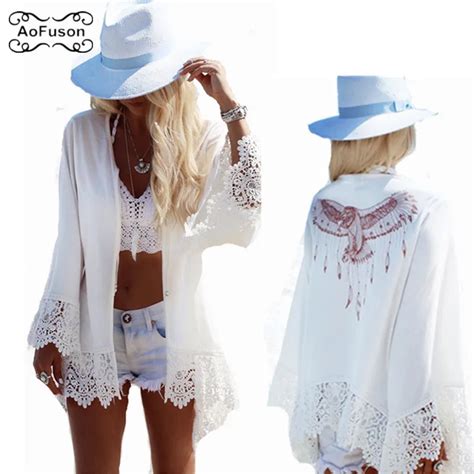 Beach Swim Chiffon Cover Up Skirt Blouse Bikini Top Loose White Lace Cardigan Short Beach Dress