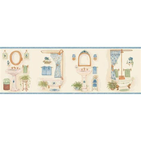 The Wallpaper Company 6.83 in. x 15 ft. Blue Vintage Bathroom Border ...