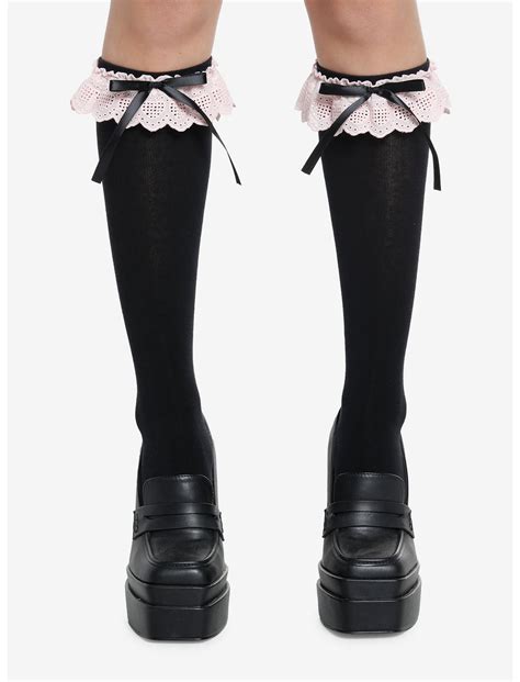 Pink Lace Black Bow Knee High Socks Hot Topic