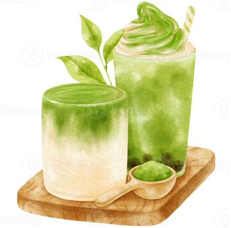 Matcha Green Tea Latte Drink Composition Watercolor Png