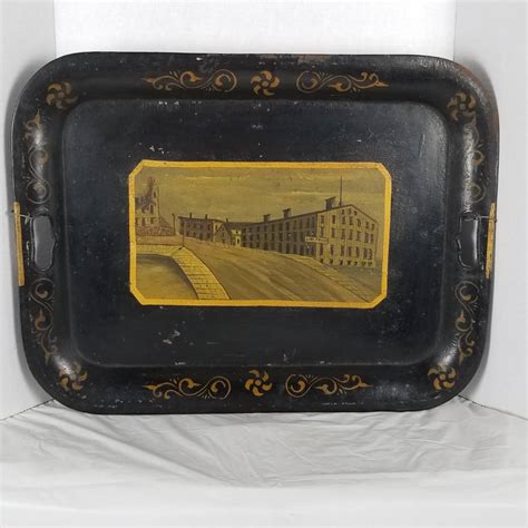 Lot Antique Toleware Tin Tray Black And Yellow Gold Shows