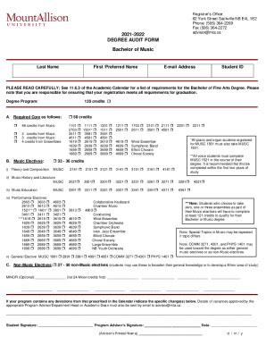 Fillable Online 2021 2022 DEGREE AUDIT FORM Bachelor Of ArtsMusic Fax