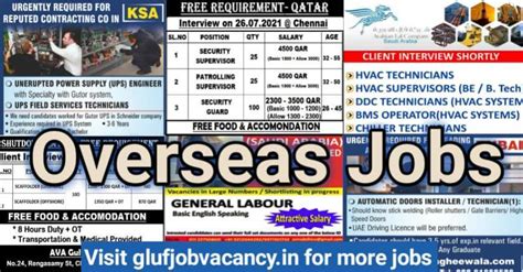 Overseas Jobs Free Requirement For Indians Gulf Job Vacancy