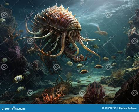 Creatures Of The Cambrian Period Underwater Scene With Anomalocaris