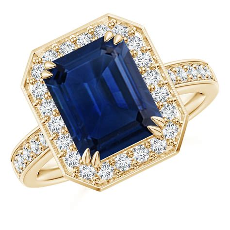 Buy ANGARA Emerald Cut Blue Sapphire Engagement Ring With Diamond Halo