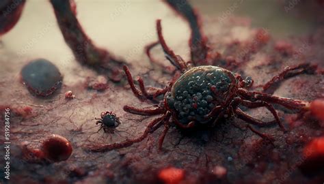 Tick attached to human skin inserting pathogen, macro concept of ticks ...