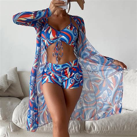 Awdenio Two Piece Swimsuit For Women 3 Pcs Swimsuit Printed Ruched Long Sleeve Robe Bikini