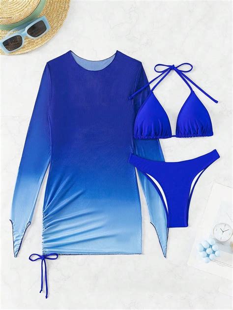 SHEIN Swim Conjunto De Bikini Con Nudo En La Espalda Y Pareo Playero Degradado Music Festival