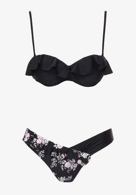 Czarne Bikini z Falbankami Biustonosz z Usztywnieniem na Regulowanych Ramiączkach i Majtki Typu
