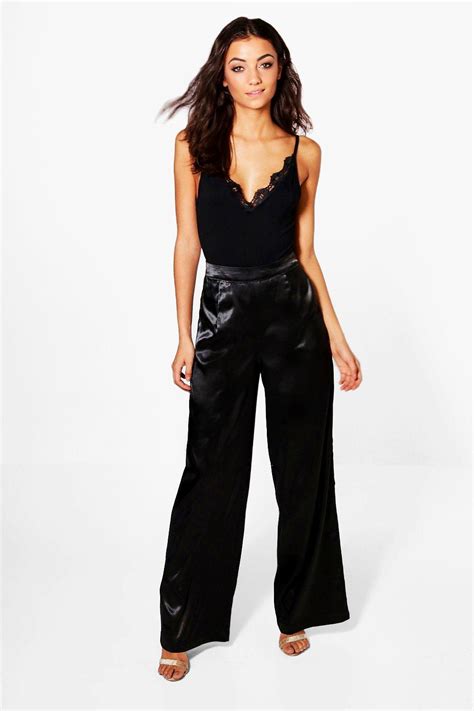 Boohoo Womens Tall Mady Satin Wide Leg Trousers Ebay